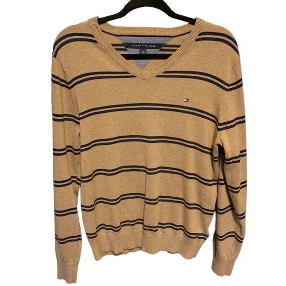 NEW Tommy Hilfiger Striped Cotton Sweater V Neck Camel and Navy Mens Small - Picture 11 of 11